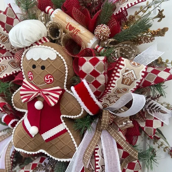 Adorable Red and White Gingerbread Holiday Wreath. Aprox 26” wide